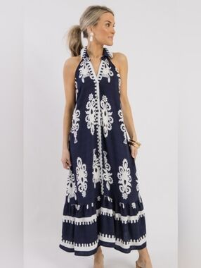 Umgee Navy and White Sleeveless Embroidered Midi Dress